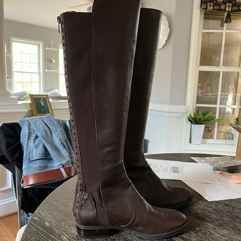 Vince Camuto Pallien Brown Leather Tall Studded Riding Boot sz 6-1/2 NWOT